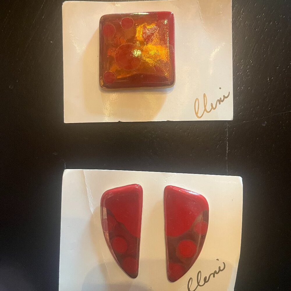 Vintage Hand Painted Enamel Ceramic Red Abstract Earrings and Brooch Set 80s